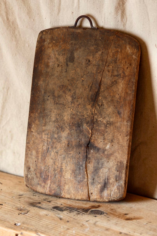Antique Oversized Wooden Bread Board with Iron Handle