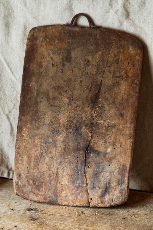 Antique Oversized Wooden Bread Board with Iron Handle