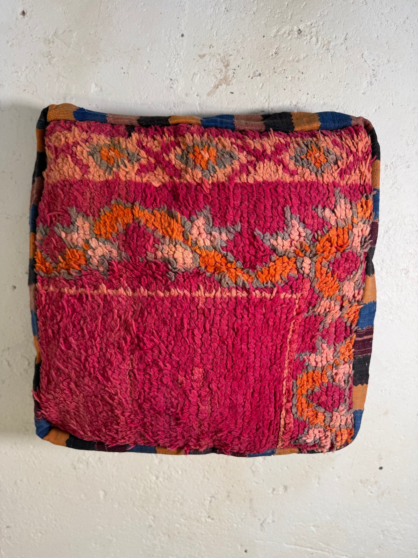 Vintage Moroccan Kilim & Wool Pile Pouffe | Pink, Orange & Peach Geometric