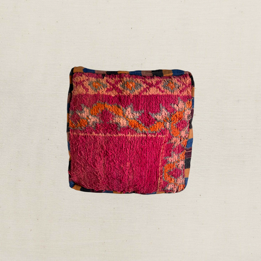 Vintage Moroccan Kilim & Wool Pile Pouffe | Pink, Orange & Peach Geometric