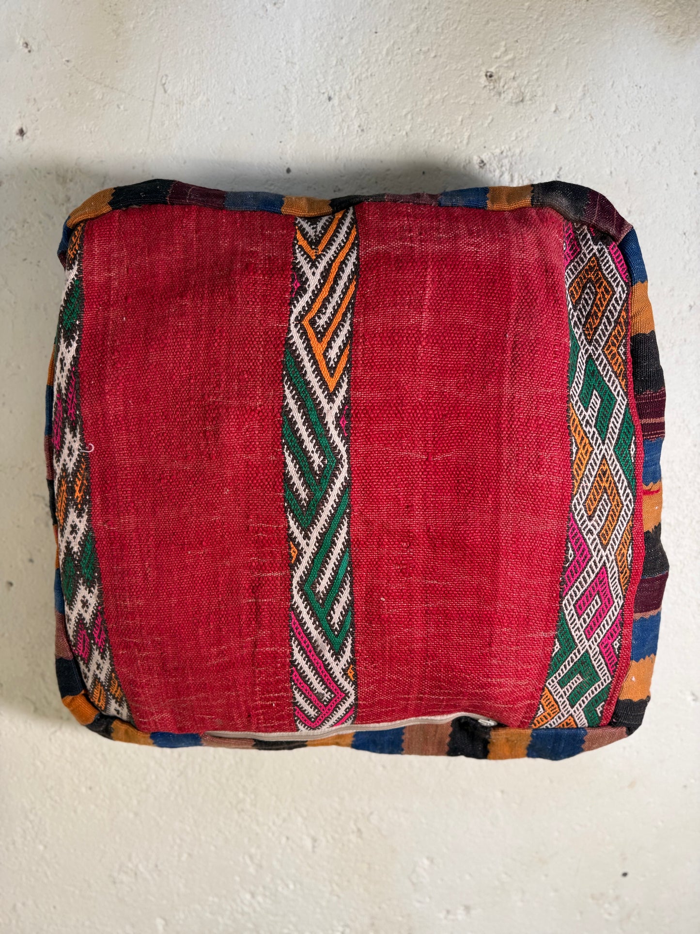 Vintage Moroccan Kilim & Wool Pile Pouffe | Pink, Orange & Peach Geometric