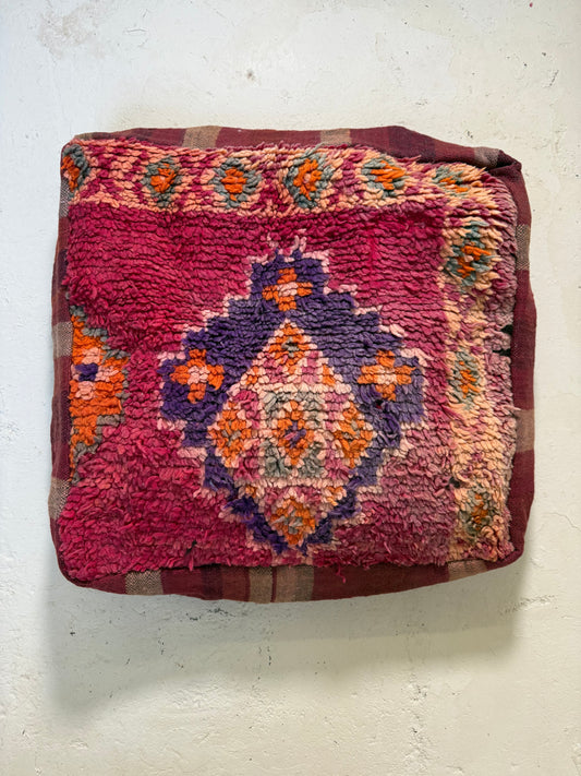 Vintage Moroccan Kilim & Wool Pile Pouffe | Pink, Purple & Orange Medallion