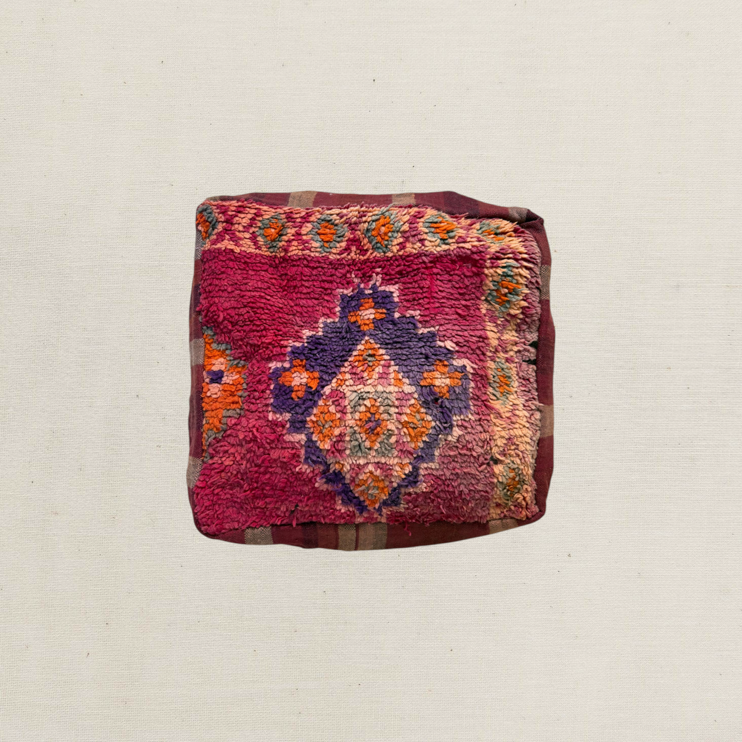 Vintage Moroccan Kilim & Wool Pile Pouffe | Pink, Purple & Orange Medallion