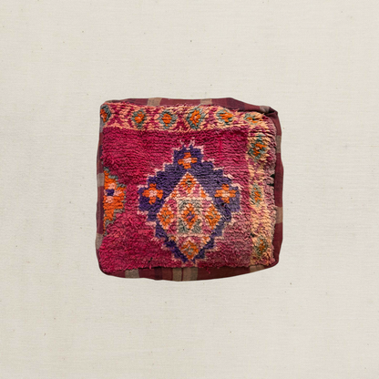 Vintage Moroccan Kilim & Wool Pile Pouffe | Pink, Purple & Orange Medallion