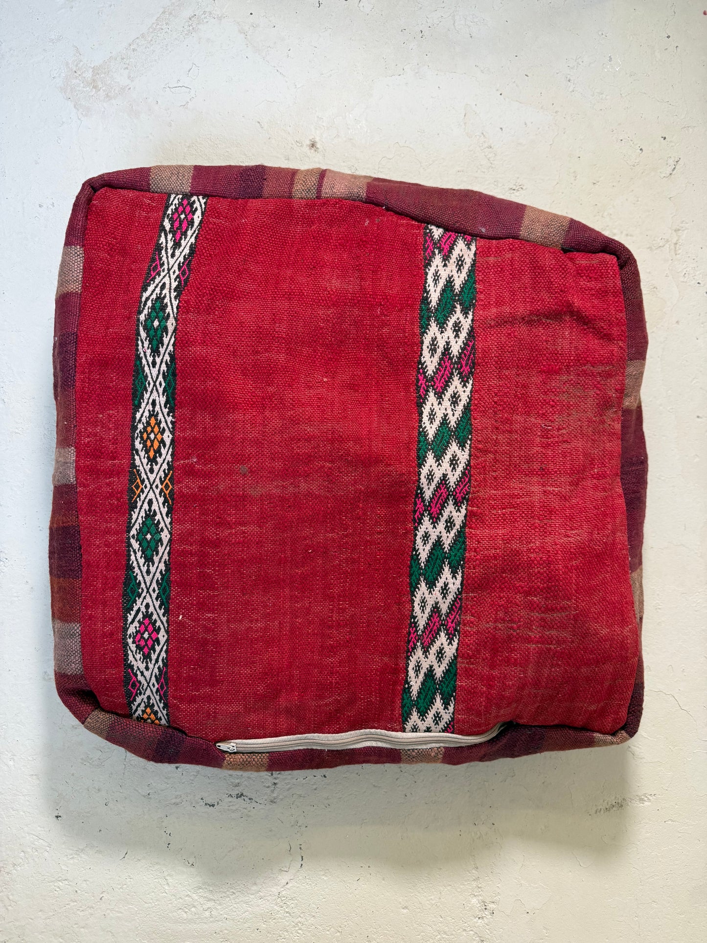 Vintage Moroccan Kilim & Wool Pile Pouffe | Pink, Purple & Orange Medallion