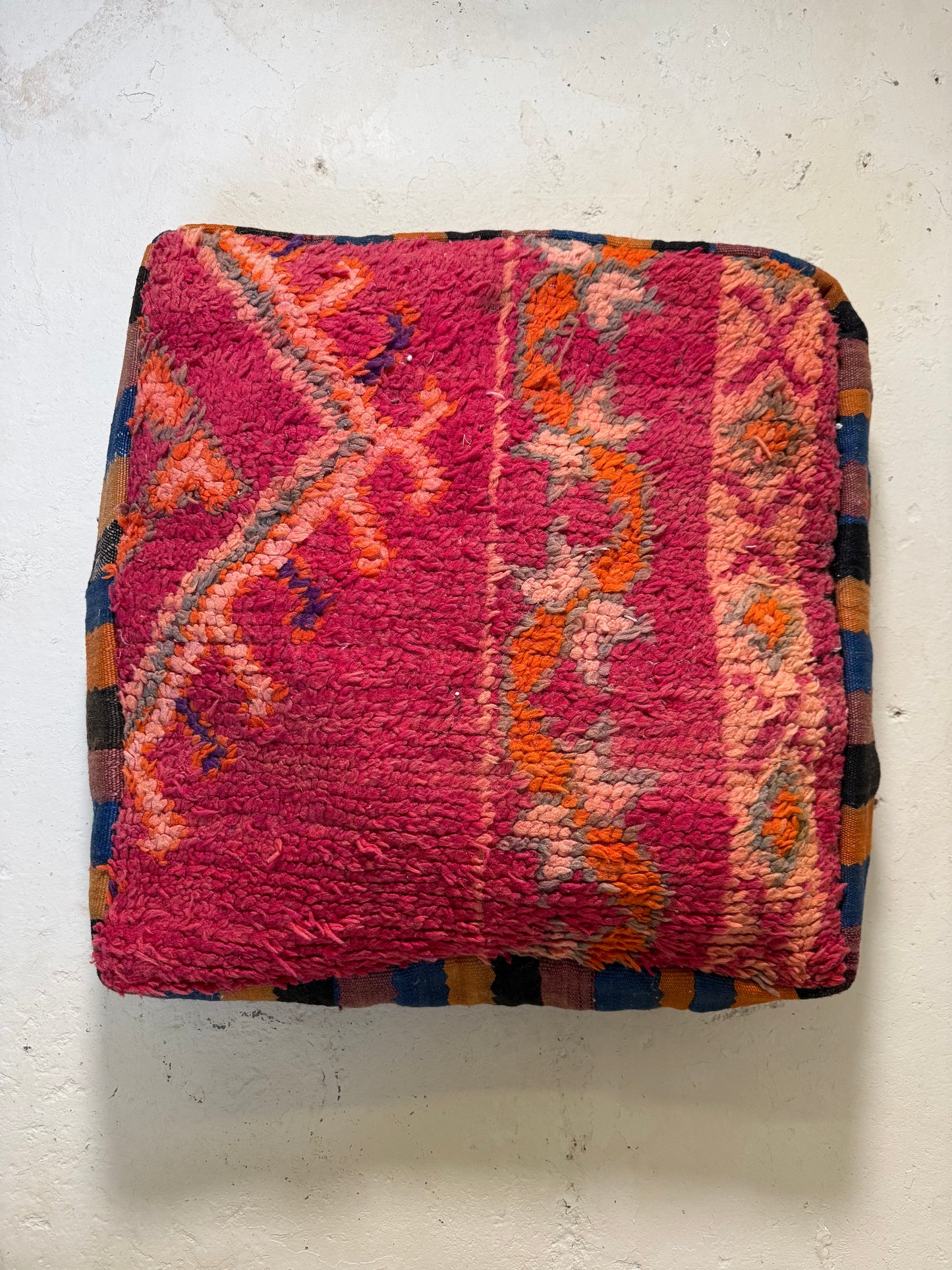 Vintage Moroccan Kilim & Wool Pile Pouffe | Pink, Coral & Orange Tribal