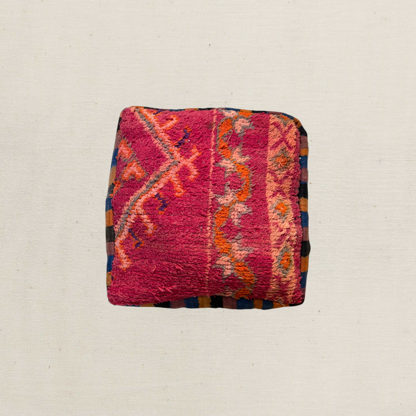 Vintage Moroccan Kilim & Wool Pile Pouffe | Pink, Coral & Orange Tribal