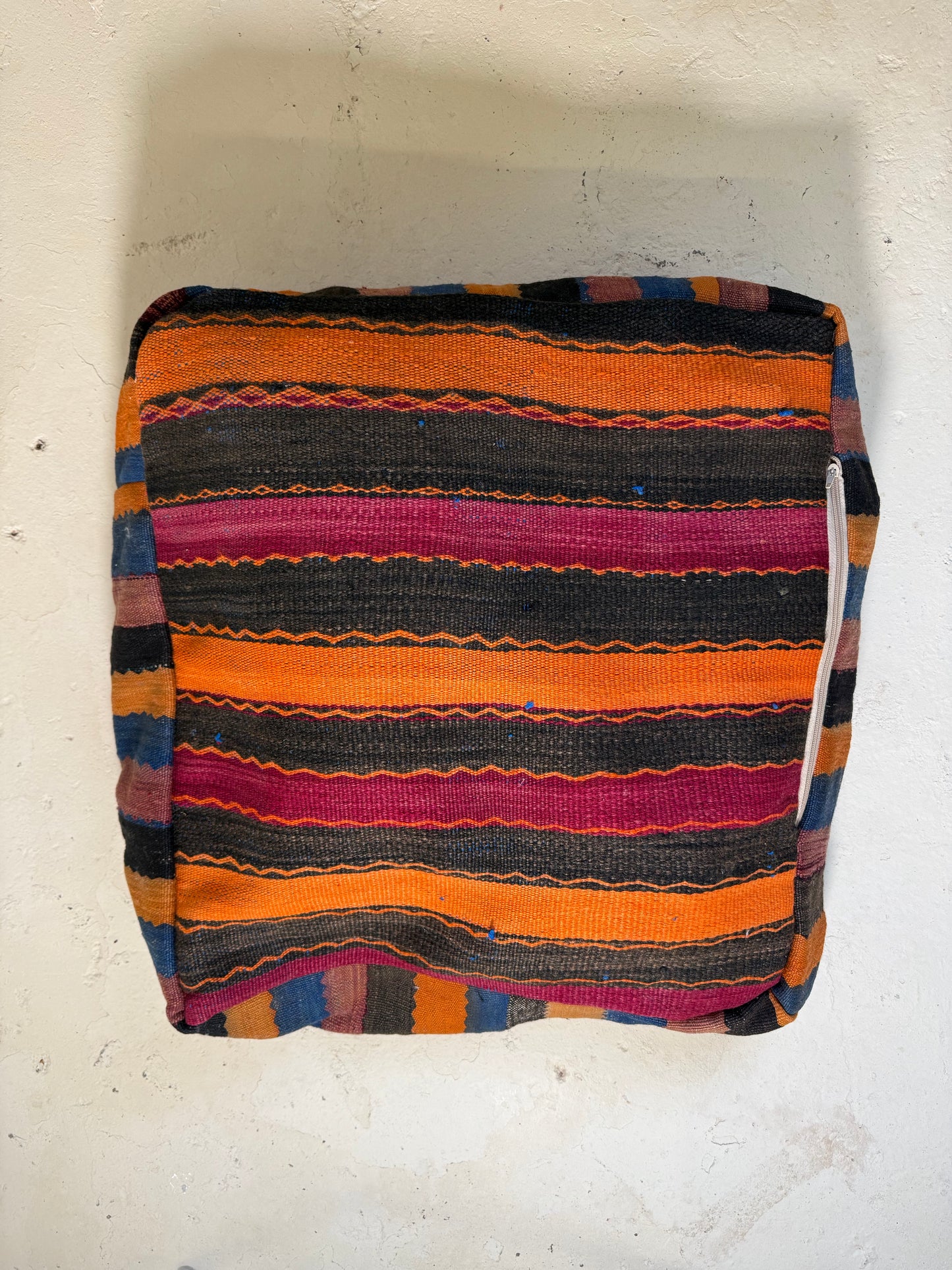Vintage Moroccan Kilim & Wool Pile Pouffe | Pink, Coral & Orange Tribal