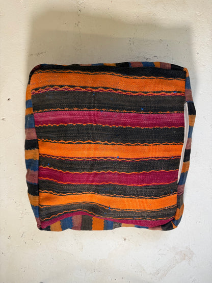 Vintage Moroccan Kilim & Wool Pile Pouffe | Pink, Coral & Orange Tribal