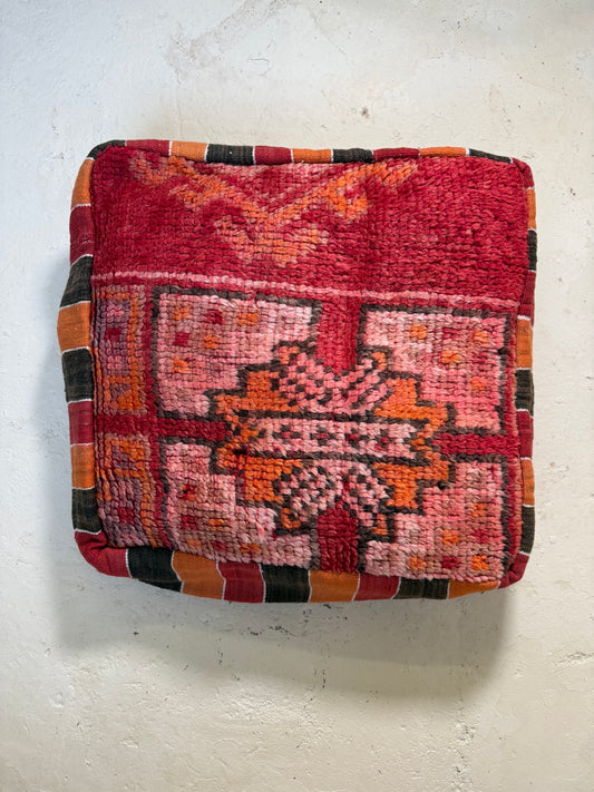 Vintage Moroccan Kilim & Wool Pile Pouffe | Pink, Coral & Rust Geometric
