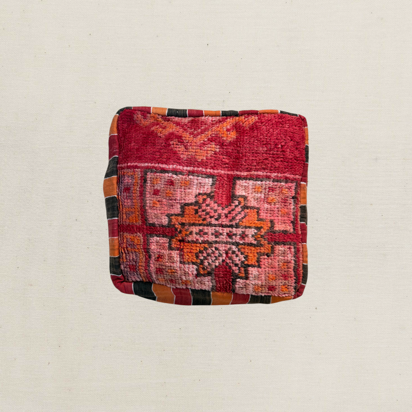 Vintage Moroccan Kilim & Wool Pile Pouffe | Pink, Coral & Rust Geometric