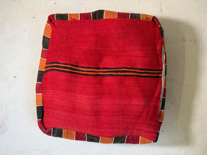 Vintage Moroccan Kilim & Wool Pile Pouffe | Pink, Coral & Rust Geometric