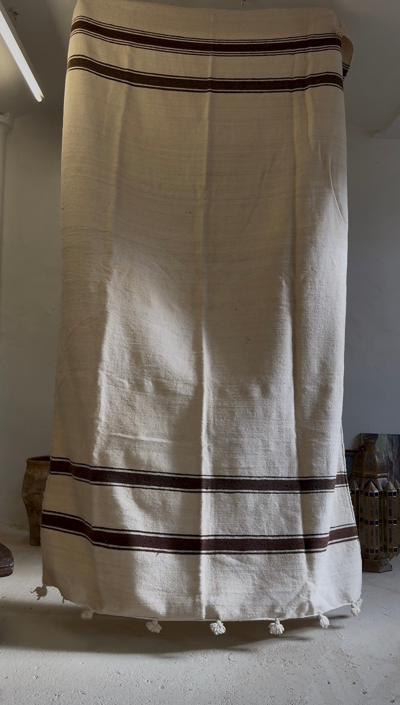 Handwoven Hanbel Rug | Natural with Brown Stripe
