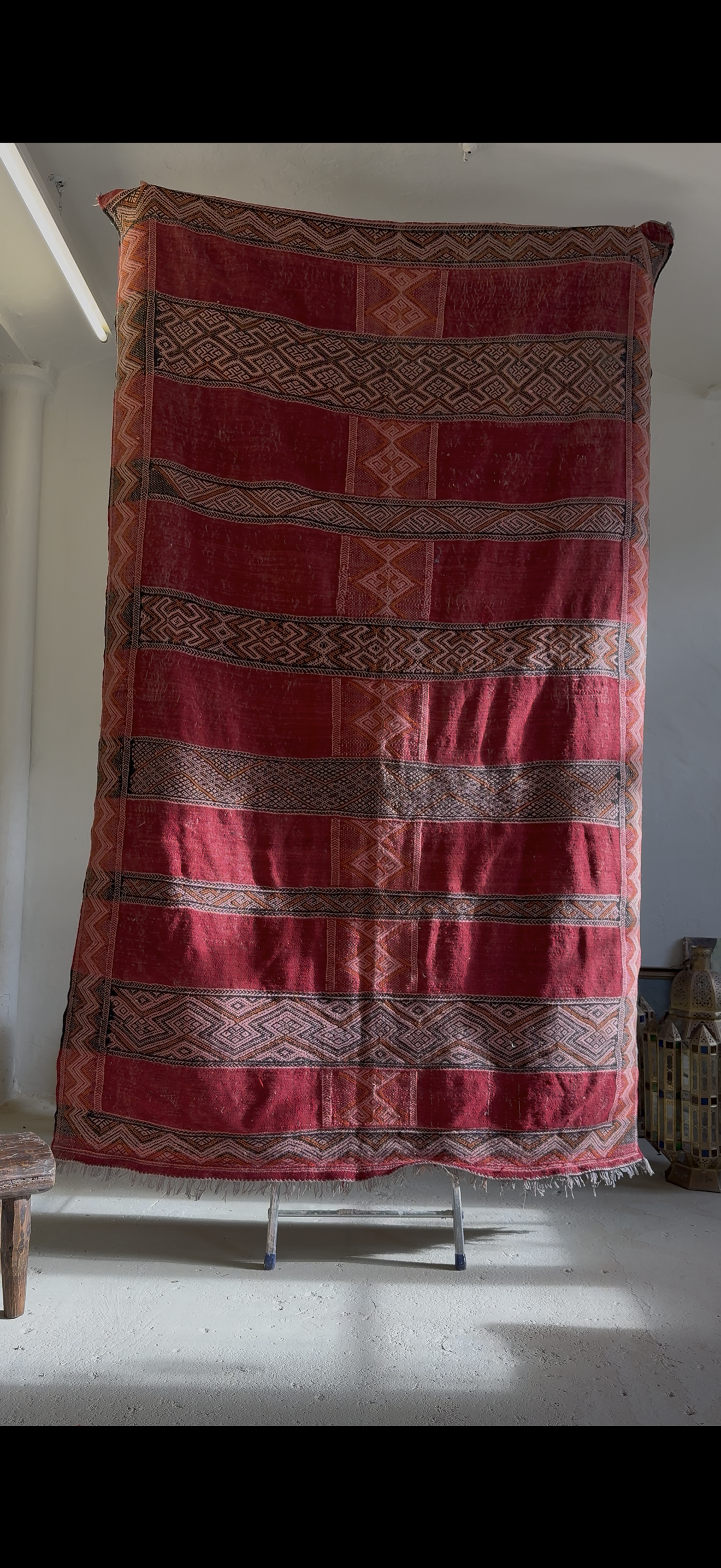 Vintage Hanbel Rug | Red With Ochre & Charcoal Diamond Motifs