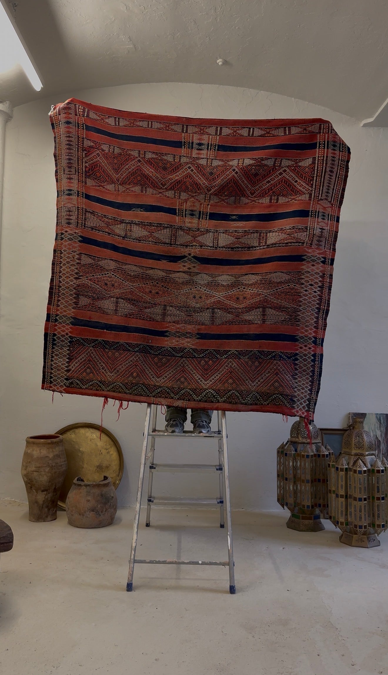 Vintage Hanbel Rug | Red with Charcoal & Ivory Geometric Motifs