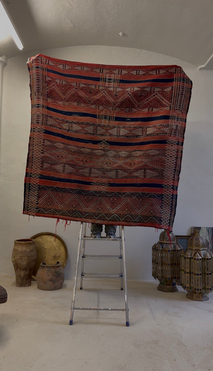 Vintage Hanbel Rug | Red with Charcoal & Ivory Geometric Motifs