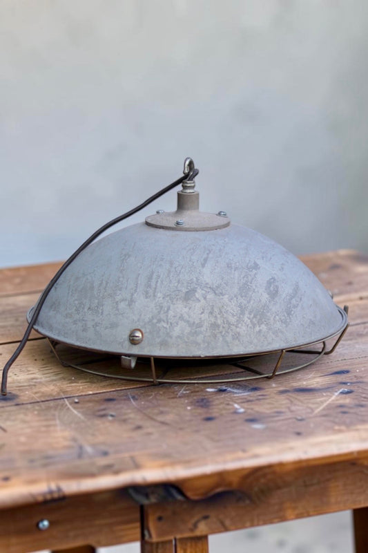 Large galvanised industrial pendant light with domed shade and wire guard
