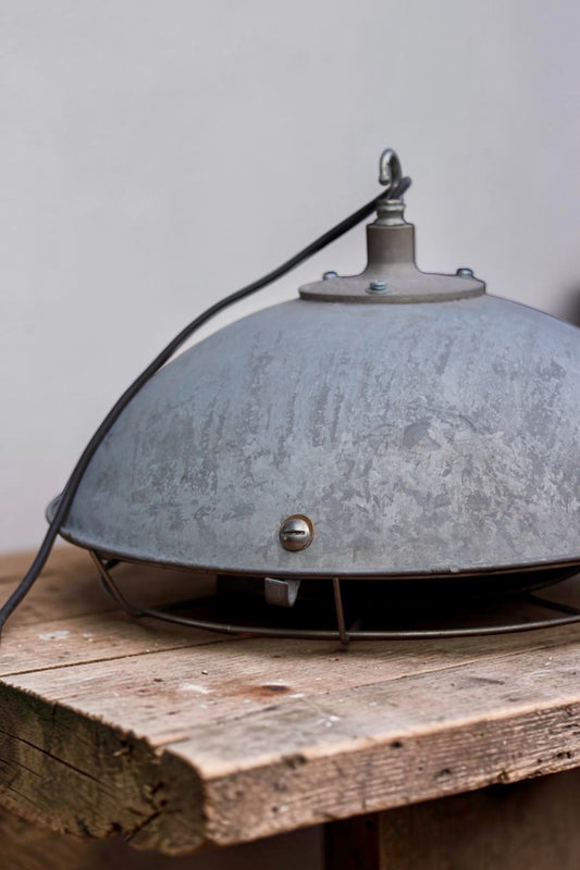 Front view of the galvanised metal pendant shade and suspension hook