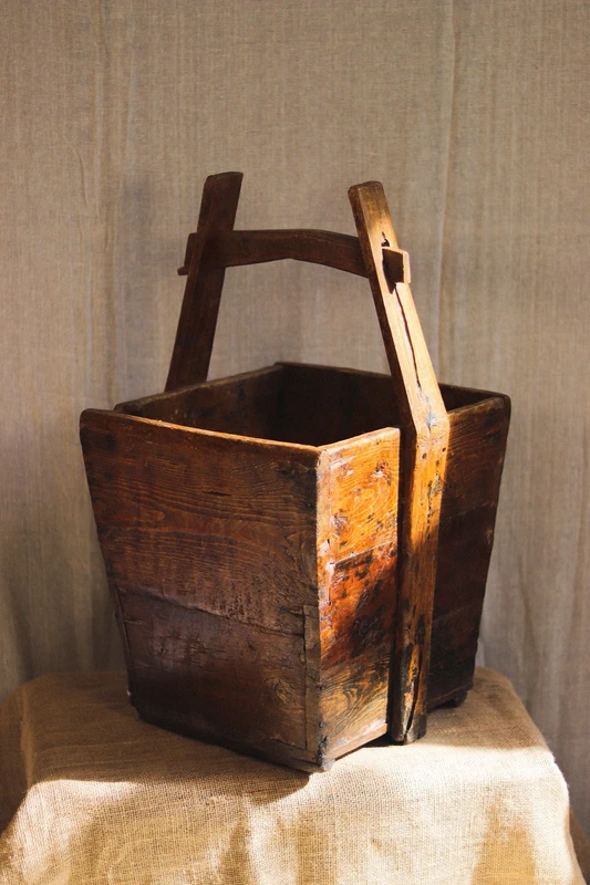 Antique Chinese Wooden Rice Bucket / Rustic Grain Carrier