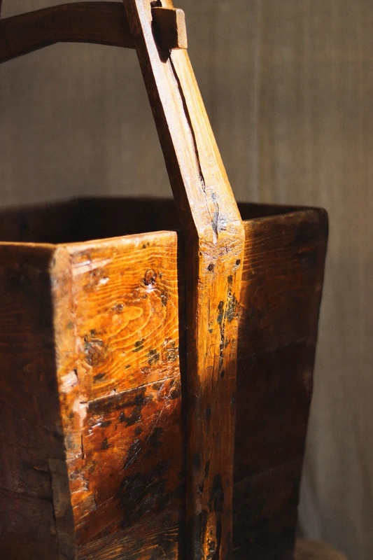 Antique Chinese Wooden Rice Bucket / Rustic Grain Carrier