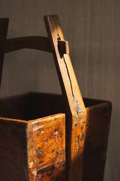 Antique Chinese Wooden Rice Bucket / Rustic Grain Carrier