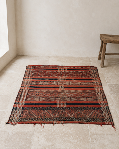 Vintage Hanbel Rug | Red with Charcoal & Ivory Geometric Motifs