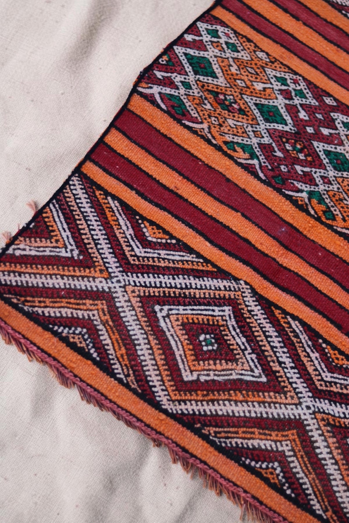 Detail of cream, red and orange diamond motifs and narrow black outlines
