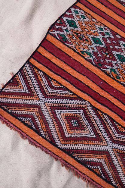 Detail of cream, red and orange diamond motifs and narrow black outlines