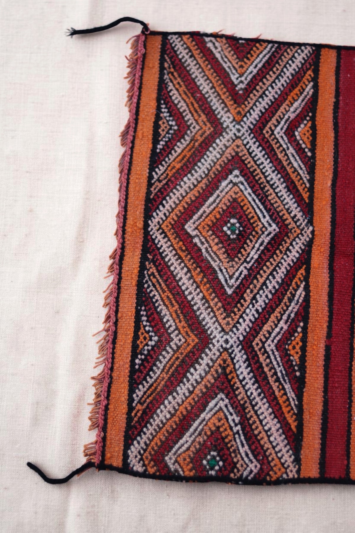 Diamond panel, black bound edges and short fringe on the vintage flatweave