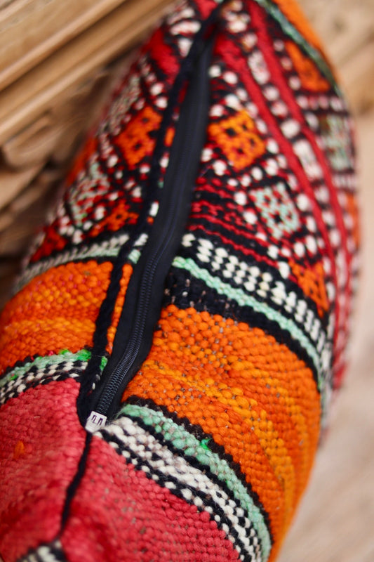 Visible zip fastening on patterned Moroccan cushion cover