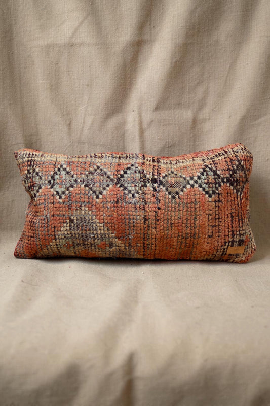 Long Moroccan cushion cover in faded coral, grey and cream with geometric weave
