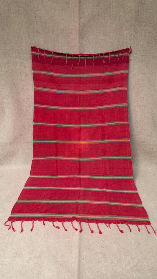 Vintage Moroccan red flatweave rug with narrow pink and grey-green stripes and tasselled ends