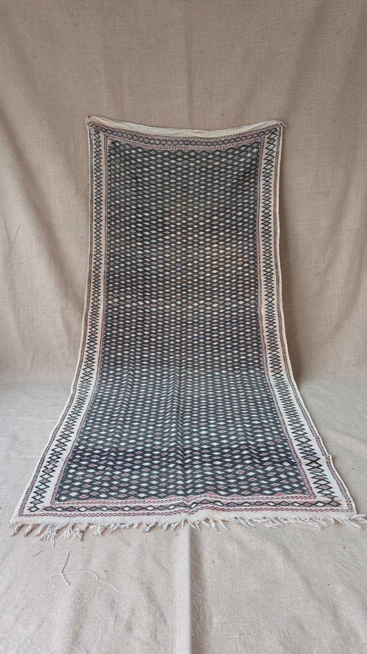 Full front view of the vintage Moroccan Hanbel rug, 345 x 160 cm