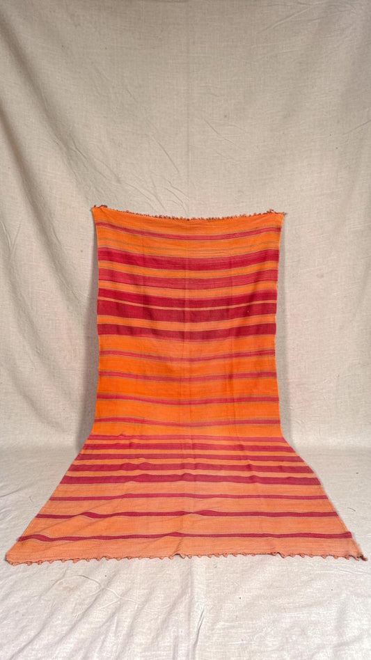 Large vintage Moroccan flatweave rug in orange and red stripes, 395 x 180 cm