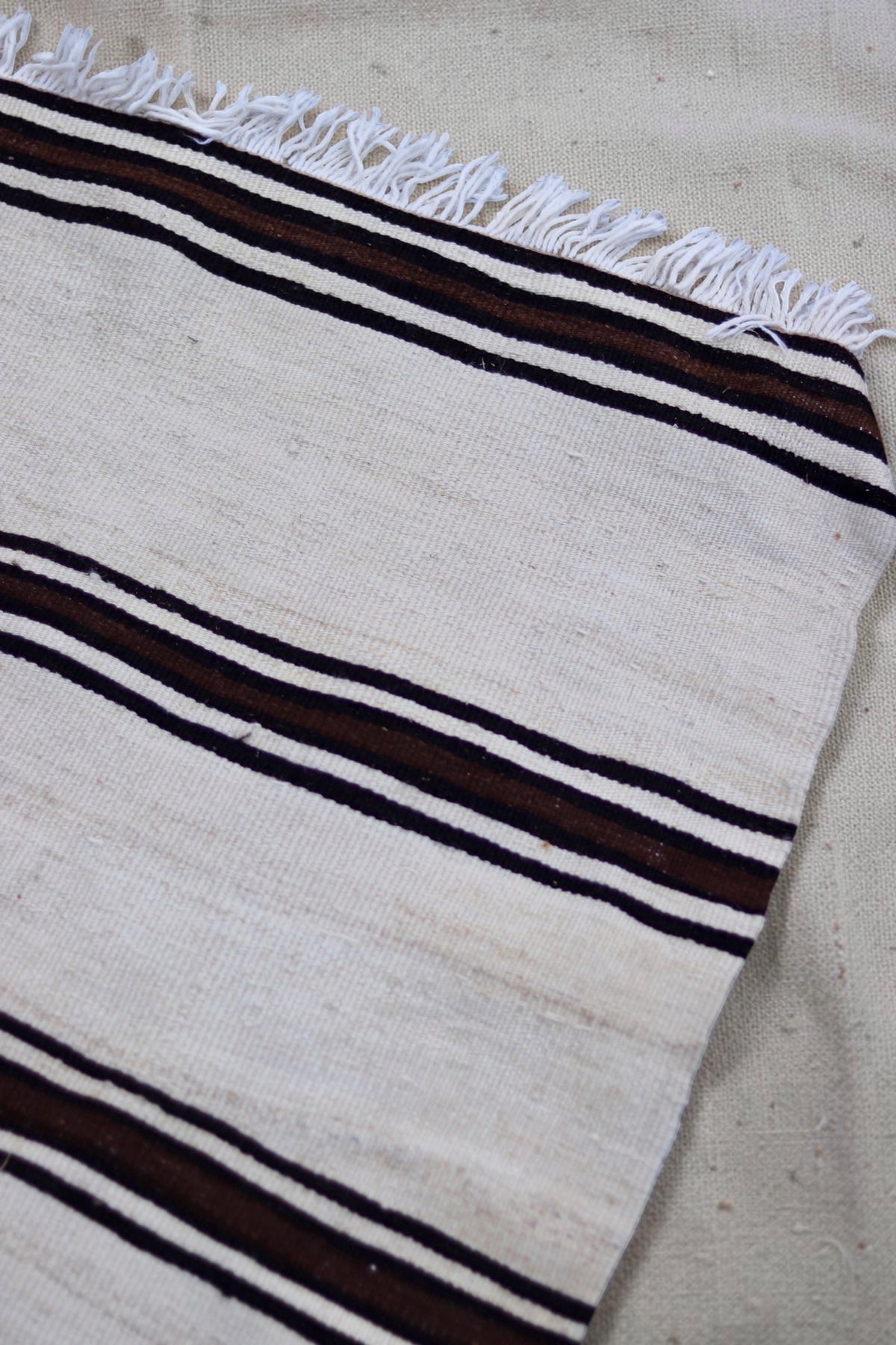 Pale fringed end and close-up of the striped flatweave