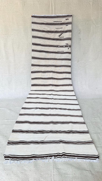 Extra-long cream flatweave runner with dark brown and charcoal stripes, 470 by 130 cm
