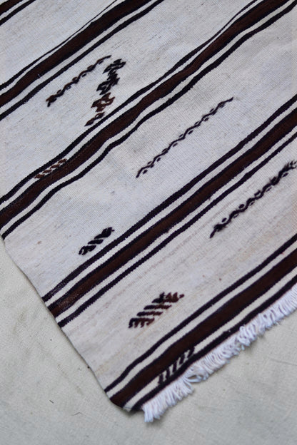 Small dark geometric motifs and striped bands near the fringed end